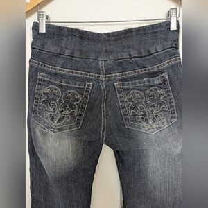 Suko Women's (Size 8P) Blue Partially Distressed Boot Cut Elastic Waist Jeans